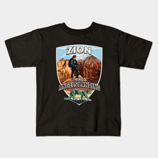 Zion I Hiked Angels Landing with Hiker and Mountain Lion Design for Women Kids T-Shirt by SuburbanCowboy